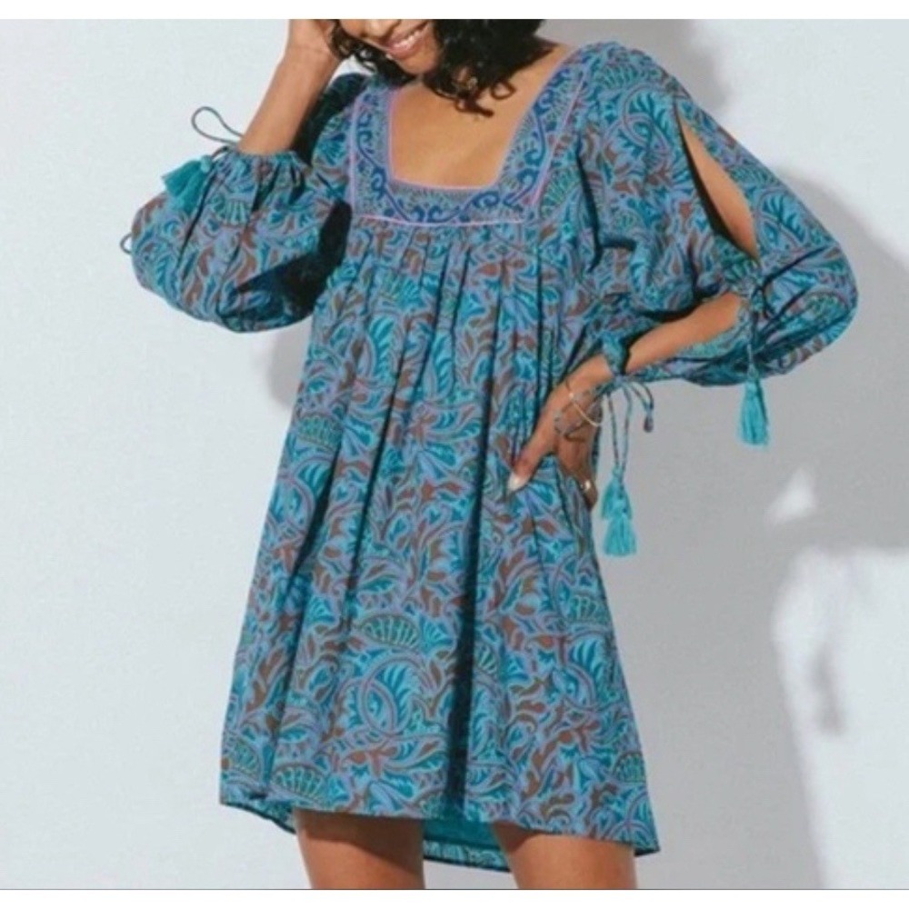 Cleobella Skyla Woodblock Print Tassel Mini Dress Boho Floral Peasant XS